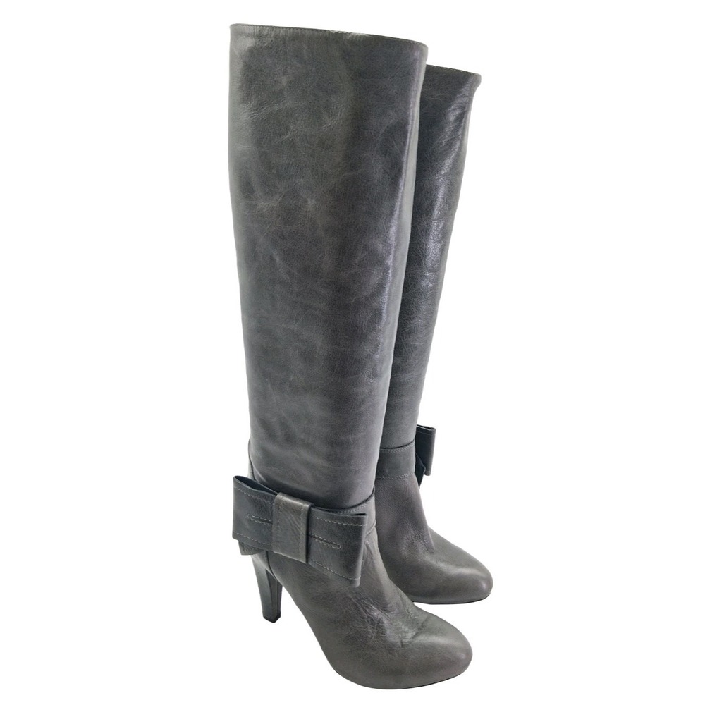 RED Valentino Boots Womens Size 7 37 Gray Leather Knee High Bow Stiletto